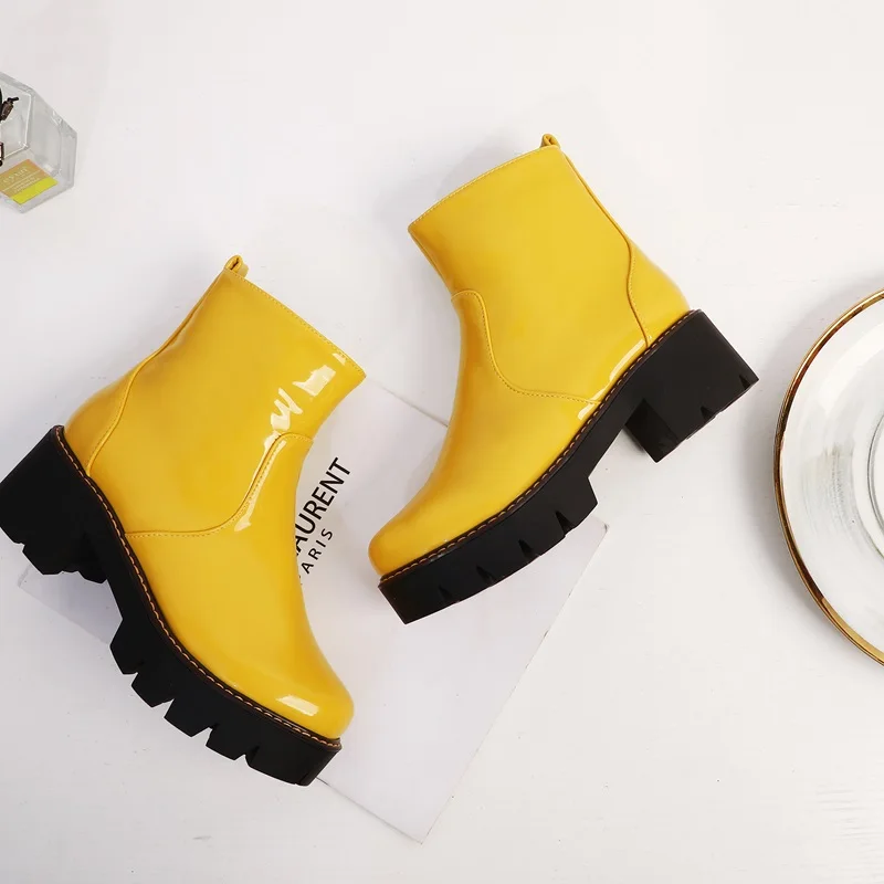 EGONERY/ботинки на платформе в стиле панк; Модные ботильоны из лакированной кожи фиолетового, желтого, черного цвета; женская обувь на среднем каблуке 5,5 см; 32-43CN - Цвет: yellow