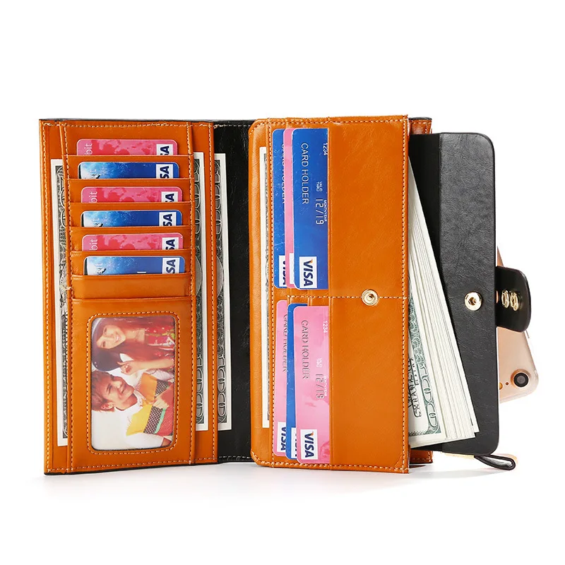 

2019 high-end leather WOMEN'S wallet long RFID clutch card bit more retro oil wax leather wallet wholesale