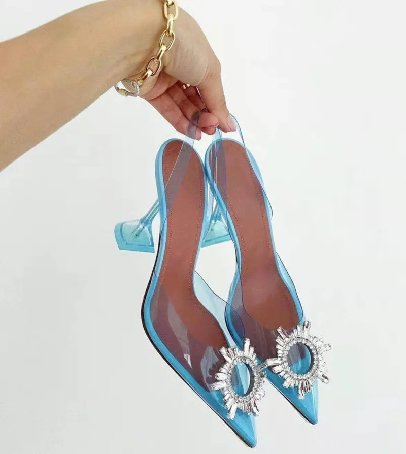 2022 New arrival burgundy pointed transparent sandals new stiletto rhinestone sexy Baotou high heels Wedding Shoes 