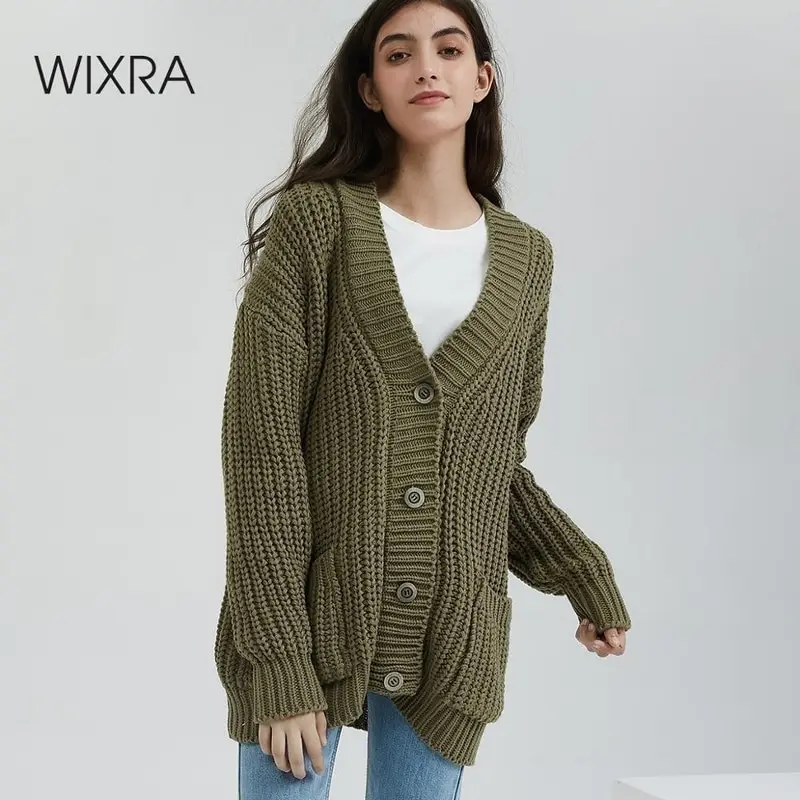 

Wixra Knitted Chunky Cardigan Sweater Women Pockets Solid Thick Tops Clothing Stylish Sweater for Female 2019 Autumn Winter