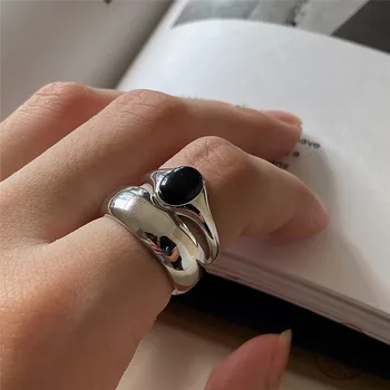 

925 Sterling Silver European Simple Black Agate Glossy Ring Set Female Punk Hip Hop Classic Party Jewelry Friendship Gift