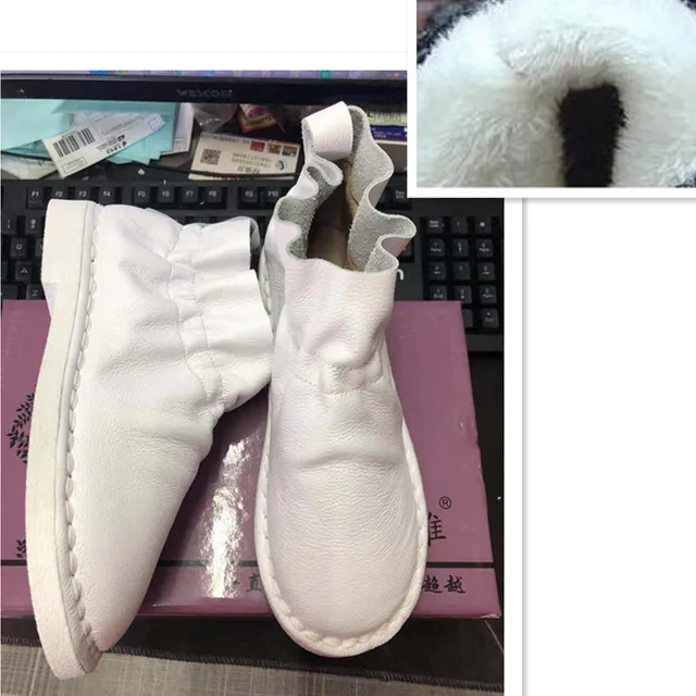 Careaymade-Spring Genuine leather shoes,Pure handmade boots,The retro art mori girl shoes, Literature Fold surface boots White Fur