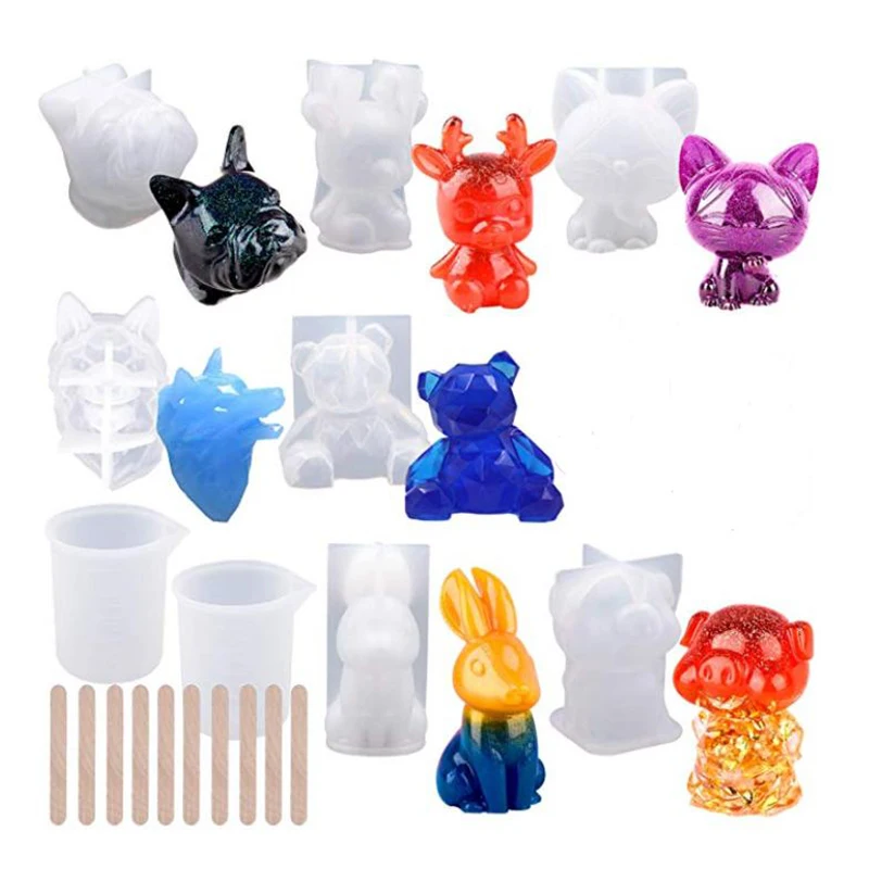 Формы из смолы для животных, DIY3D набор инструментов для литья из смолы для животных включает в себя 7 ПОЛИМЕРНЫХ силиконовые формы для выпечки в виде животных 2 мерных стакана 10 деревянных палочек