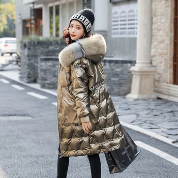 

Heydress 2020 Winter Women Real Fur Collar Gold 90% White Duck Down Coat Female Long Sleeve Thick Warm Outerwear Ladys Parkas