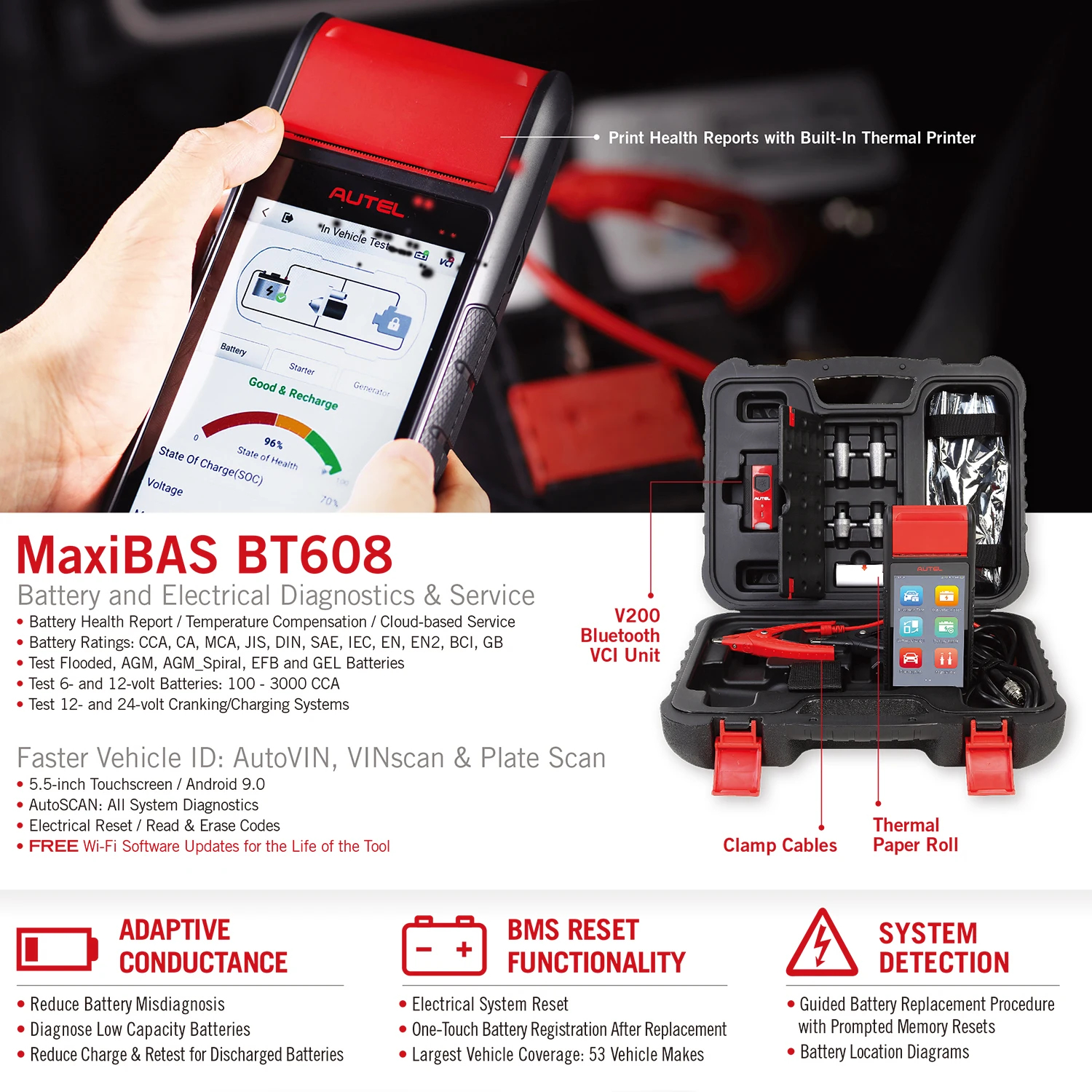 Autel MaxiBAS BT608 Battery Tester Intelligent Battery Health Cold Cranking Ability Electrical System Diagnostics Tool