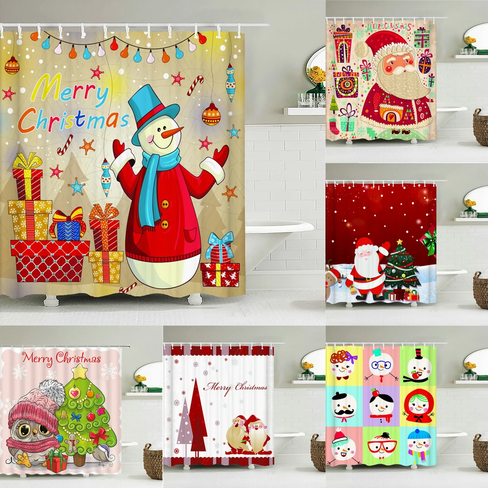 

Merry Christmas Shower Curtain Waterproof Fabric Bathroom Curtain Cartoon Santa Claus Tree Home Decor New Year Xmas Bath Curtain