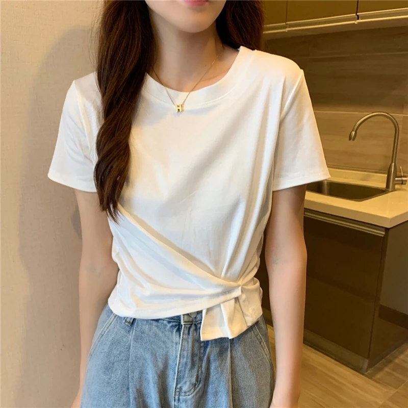 

Solid White Folds High Waist Short Tops Women Casual O-Neck Short Sleeve Slim T-shirt Korean Streetwear Fashion Female Tees
