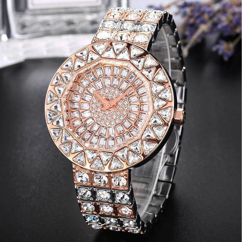 

Women Watches Rose Gold Big Dial Full Diamond Watch Ladies Luxury Brand Hip Hop Quartz Wristwatch Ice Out Waterproof Clocks 2020