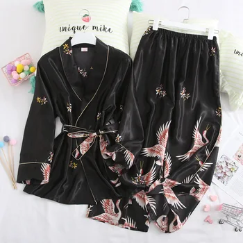 

Spring Autumn Women Pajamas Sets with Pants Sexy Silk Ladies Satin Nightwear Robe Pijama Long Sleeve Sleepwear Pyjama Femme