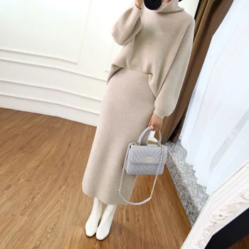 

2020 autumn winter high collar cashmere sweater Korean version of the loose sweater women's knitted two-piece suit bag hip skirt