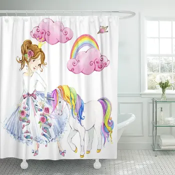 

Shower Curtain Colorful Girl Princess Watercolor Unicorn Pink Cute Dream Little Waterproof Polyester Fabric Set with Hooks