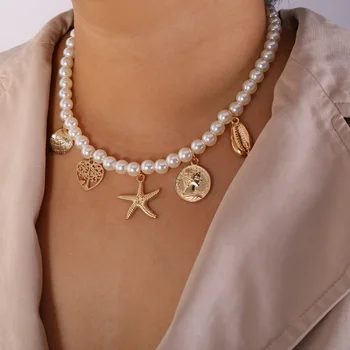 

zinc alloy pearl starfish head shell strand bohemian neck chain clavicle chain neclace for women