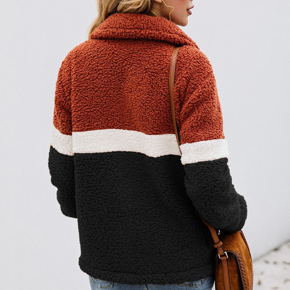 Jocoo Jolee Women Winter Casual Color Block Warm Thick Faux Fur Warm Jackets Fashion Patchwork Pockets Outwear Elegant Fur Coat