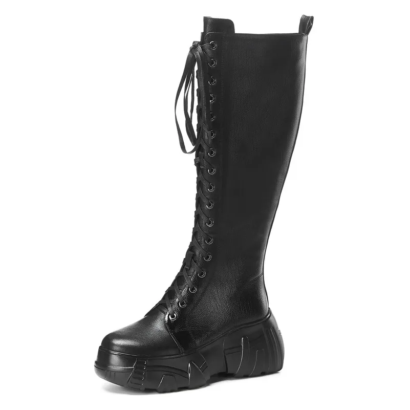 Black Synthetic Lini Meotina/зимние мотоботы; женские сапоги до колена из натуральной кожи на плоской платформе; высокие сапоги на молнии; Женская Осенняя обувь; размеры 34-39 - Цвет: Black Synthetic Lini