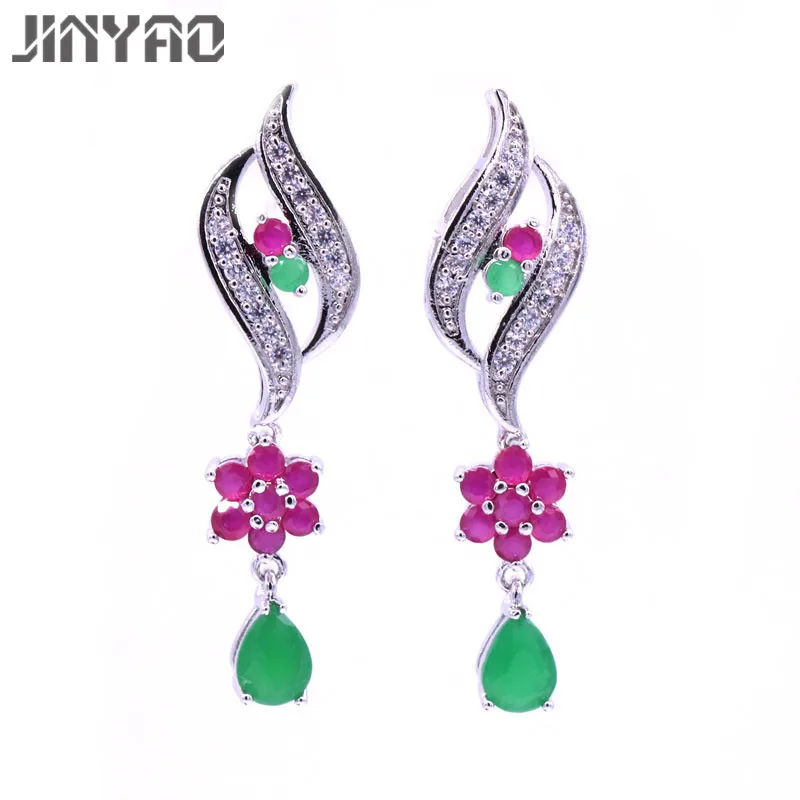 

JINYAO Gorgeous Gold Color Flower Red Green Stone Zircon Drop Long Earring For Women female Bridal Wedding Jewelry