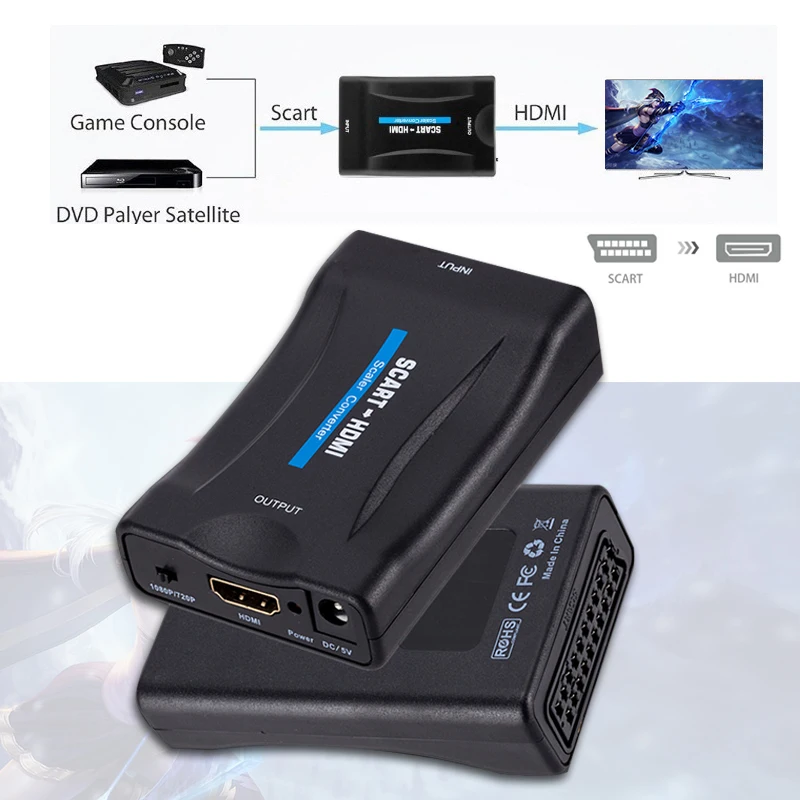  Scart a Hdmi Upscaler Convertitore Video Adattatore 1080P Hd Converter Supporto Ntsc Pal Uscita per