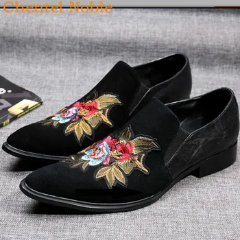 

Chentel Noble Manual Embroidery Fashion Mens Flock Dress Shoes Flats Bottom Handsome Casual Mens Shoes Black Color Party Male