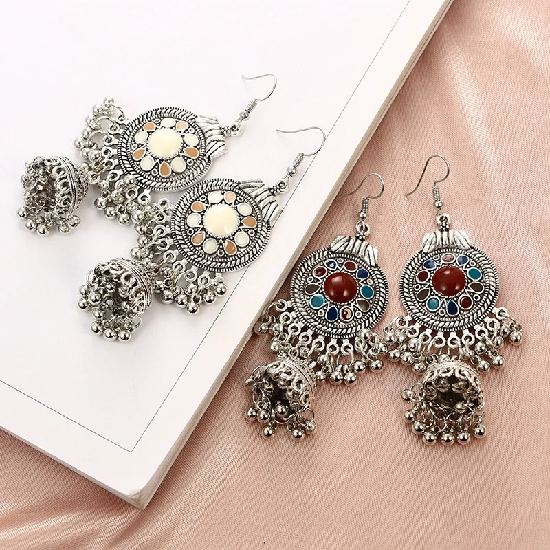 SHUANGR винтажный, из серебряного сплава Jhumka Bells бисер Нарядные серьги с кисточками для женщин турецкое цыганское племя индийские ювелирные изделия Вечерние