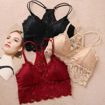 

Double Bundle Flower Tank Top Bra Sexy Lace Floral Cami Bralette Crochet Vest Crop Top Deep V Lace Bra Full Lace Decroation