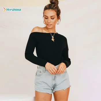 

2020 Autumn and Winter New One Line Neckline Open Back Thread Knitting Slim Sexy Long Sleeve Pullover Knitwear Women's Wear