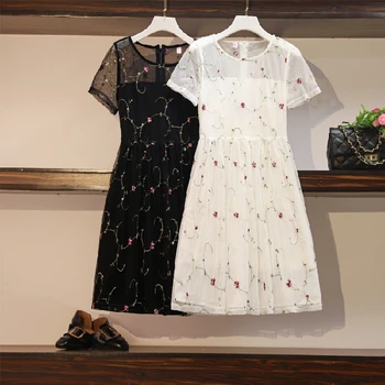 

ICHOIX 2020 vinatge mesh dress embroidery retro women dress large size knee length party dress M-4XL plus size summer dresses