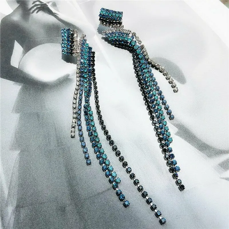 

Korean Earrings Blue Crystal Tassel Earrings Wedding Drop Dangle Earrings Geometric Drop Earrings Jewelry Earrings for Women