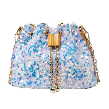 

New Popular Sequins Purse Wild Chain Ladies Handbags Bucket Shoulder Bags Polyester Designer Bags Famous Brand Women Bags 2018