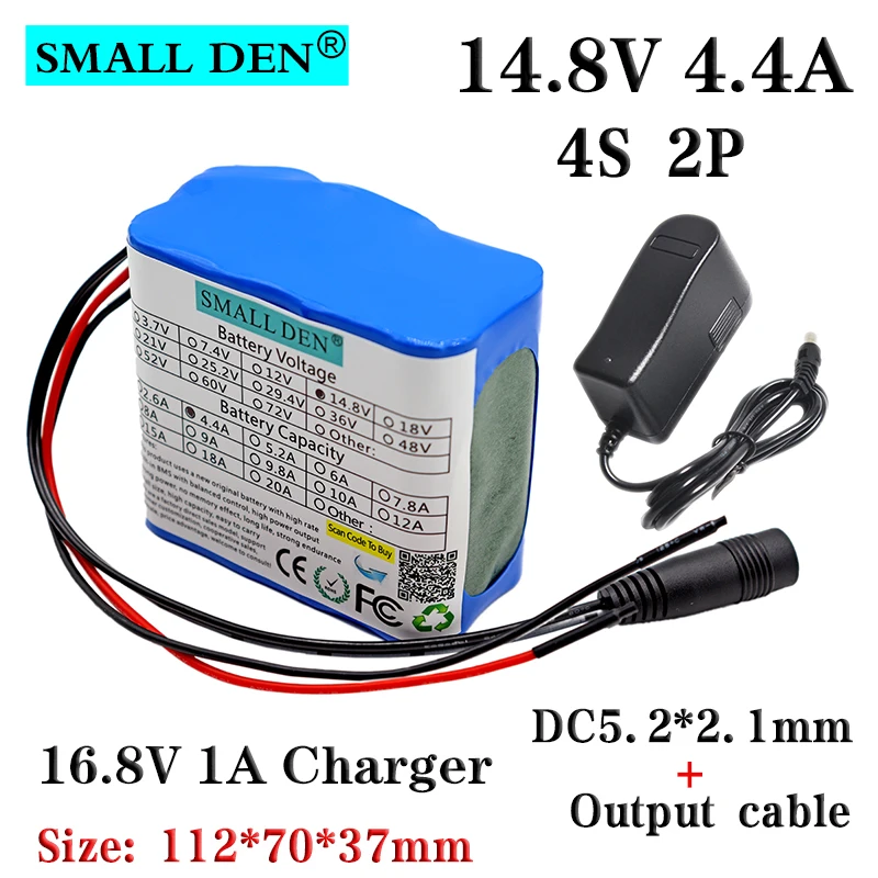 

14.8V 4.4Ah 18650 li-ion battery pack 4S2P with BMS night fishing lamp heater miner's lamp amplifier battery +16.8V 1A Charger