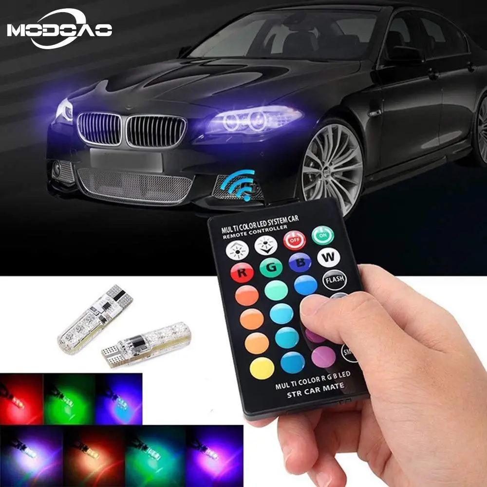 

2Pcs T10 RGB LED Car Light LED Bulbs W5W RGB With Remote Control 194 168 501 Strobe Led Lamp Reading Lights White Red Amber 12V