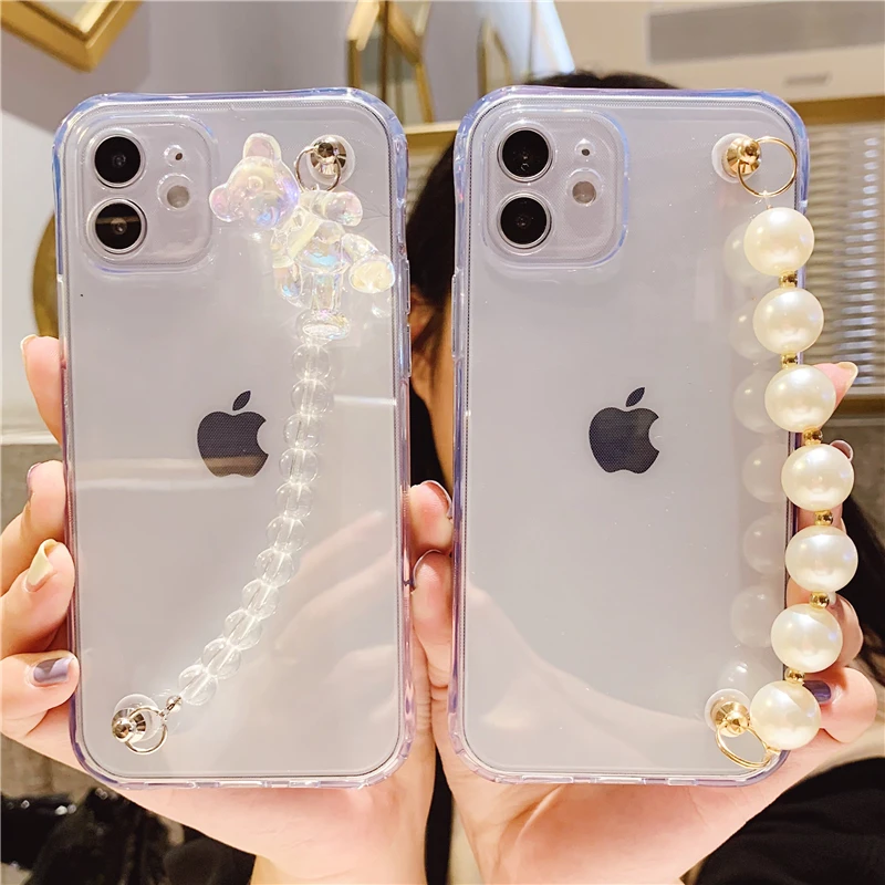 Per Iphone 12 11 Pro Max Xs Xr 6 7 8Plus Custodia Trasparente Tpu Bear Pearl Bracelet Case