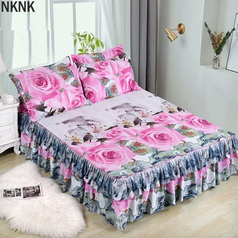 

1pc Bed Skirt + 2pcs Pillowcase Bedding Set Sanding Soft Bedspread King Queen Size Double Layer Bed Skirt