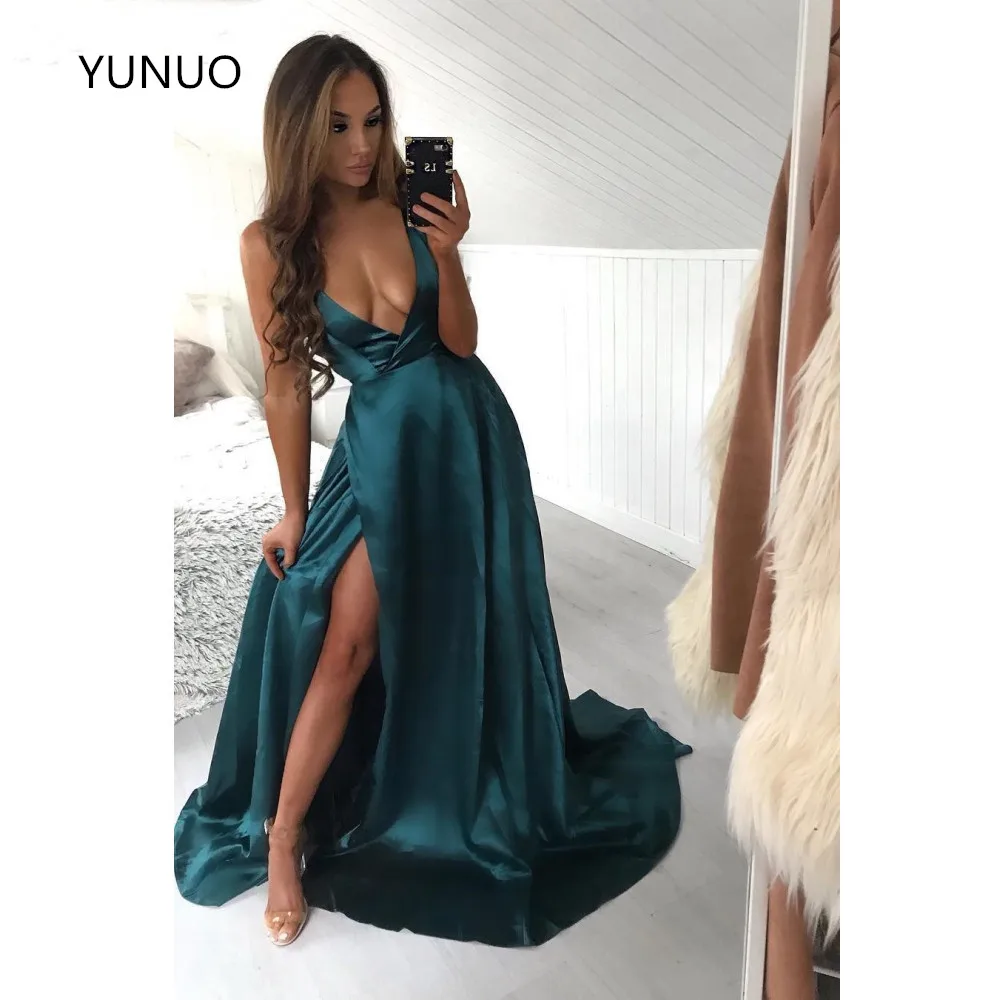 YUNUO Deep V-Neck Satin Prom Formal Dress with Side Slit A-Line robe de soiree Evening Gowns Sexy Sleeveless Party | Свадьбы и