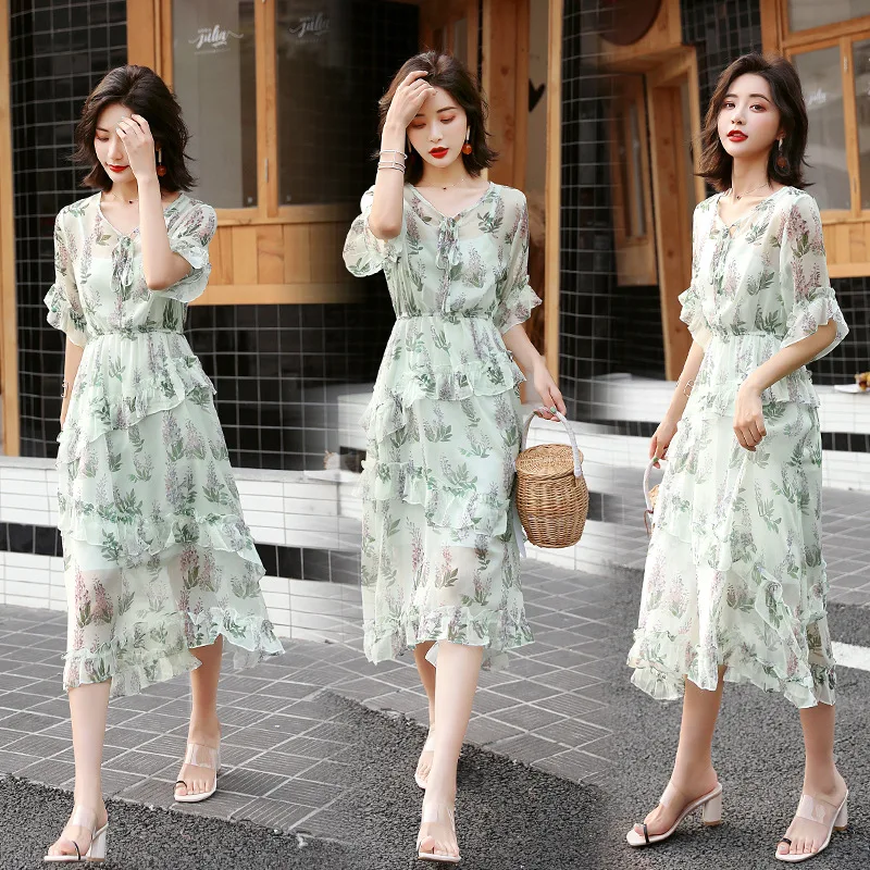 

Small Floral Chiffon Dress Women's 2019 New Style Summer Waist Hugging Slimming Wisdom Smoked Skirt French Platycodon Grandiflor