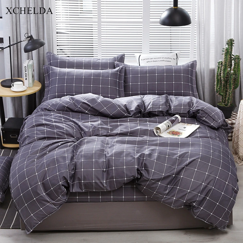 Plaid Bedding Set Double Queen King Size Comforter Duvet Cover Bed Sheet set Navy Luxury Cotton Adult linens couple Home Textile