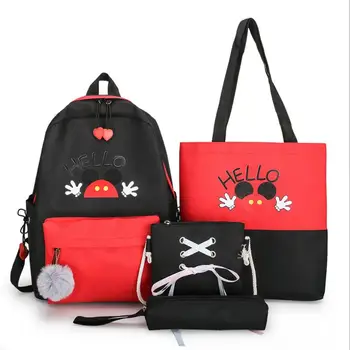 

4Pcs/Set Travel Canvas Backpacks For School Teenagers Girls Large Capacity Mickey Backpack Ladies Shoulder Bag Mochila Feminina