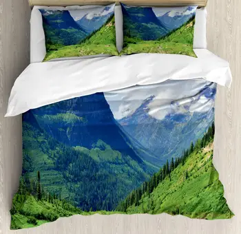 

Glacier National Park Duvet Cover Set Summer Scene of Cloudy Peaks and Grass 3 Piece Bedding Set Lime Green Dark Sky Blue Pale