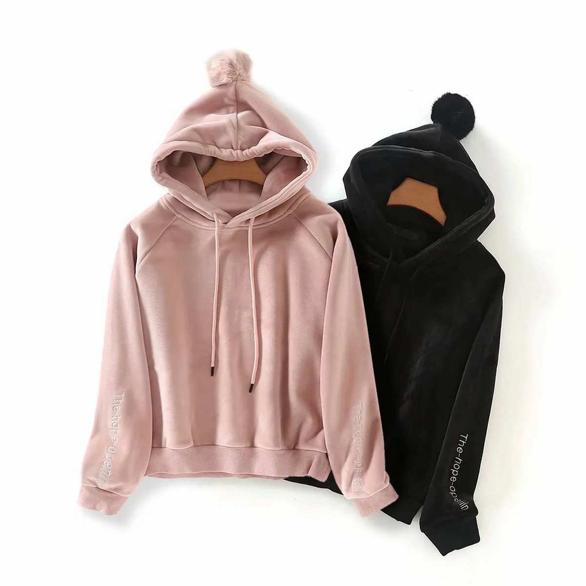 

Europe And America WOMEN'S Dress 19 Autumn And Winter New Style Velvet Cuff Lettered Embroidered Furry Ball Hoodie Women's