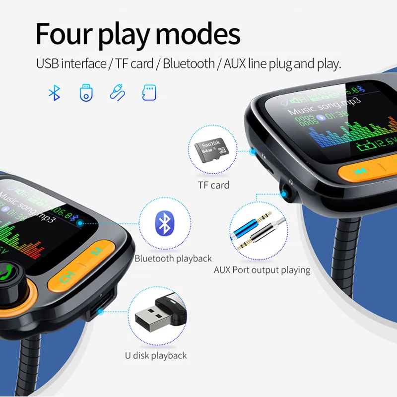 JaJaBor fm-передатчик Bluetooth 5,0 автомобильный комплект громкой связи с 1,77 дюймовым цветным экраном AUX аудио музыкальный приемник QC 3,0 USB зарядное устройство