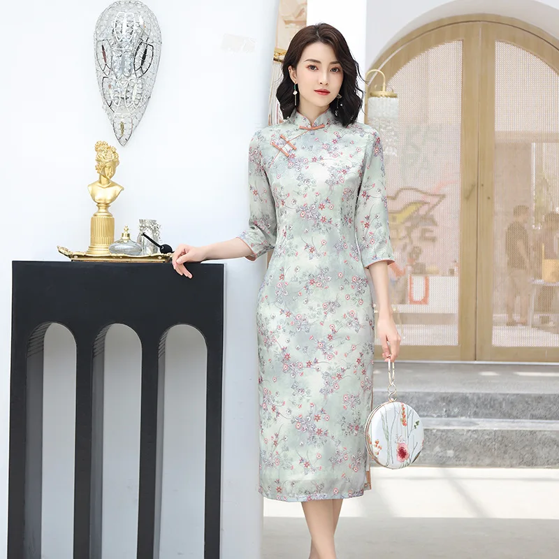 Сексуальное Женское Платье До Колена Cheongsam весеннее китайское стильное платье с рукавом три четверти женское хлопковое платье Qipao тонкое вечернее платье Vestido