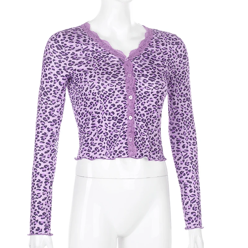 IAMSURE 2020 Autumn Fashion Leopard Print Lace Edge Women Cardigan Blouses Sexy Deep V-Neck Fitness Crop Top Shirt Streetwear