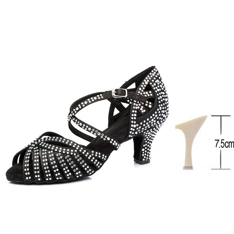 HROYL Для женщин Латинская танцевальная обувь для женщин и девушек женская Танго танцевальные сандалии Сальса Стразы пикантные вечерние туфли на высоком каблуке 6/7. 5/8. 5/9/10 см - Цвет: Black 7.5CM
