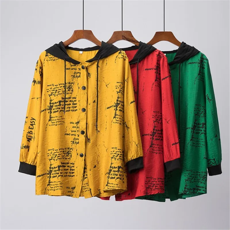 2022 Full-Size Women's Hooded Shirt Coat Single-Breasted Medium Length Letter Long-Sleeve Top Loose Full-Size Cardigan