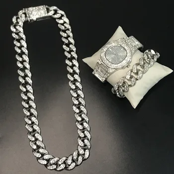 

Hip Hop Gold Watch Jewelry Crystal Miami Ice Out Cuban Chain Gold Color Watch & Necklace & Bracelet Combo Set For Men