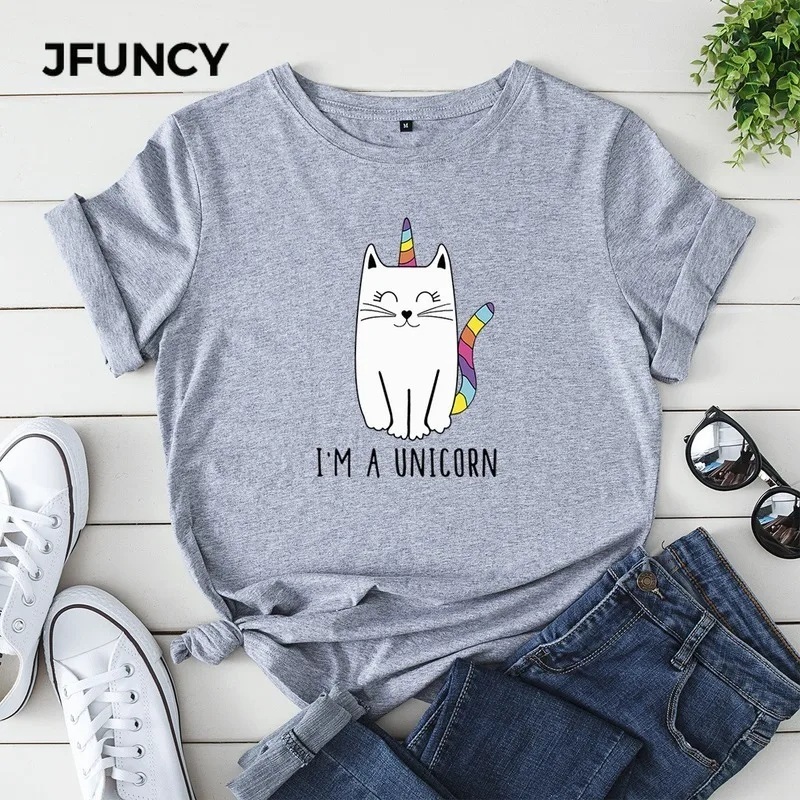 

JFUNCY 100% Cotton Women Summer T Shirt Plus Size Cute Unicorn Print Tees Tops Short Sleeve Woman T-shirt Female Loose Tshirt