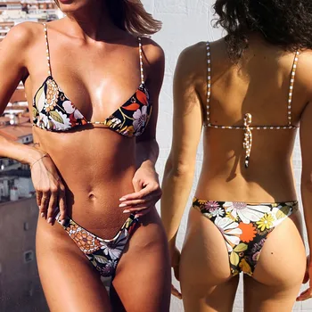 

#Z25 2020 Sexy Thong Micro Bikinis Women Swimsuits Print Push up Swimwear Female Bikini set Brazilian Biquini Bathing Suit
