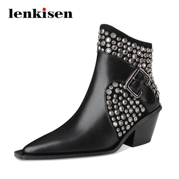 

Lenkisen large size sheep suede rhinestone buckle decorations patchwork high heels pointed toe zipper young lady ankle boots L09