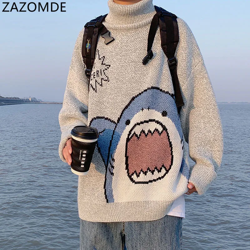 ZAZOMDE Men Turtlenecks Shark Sweater Men 2022 Winter Patchwor Harajuku Korean Style High Neck Oversized Grey Turtleneck For Men