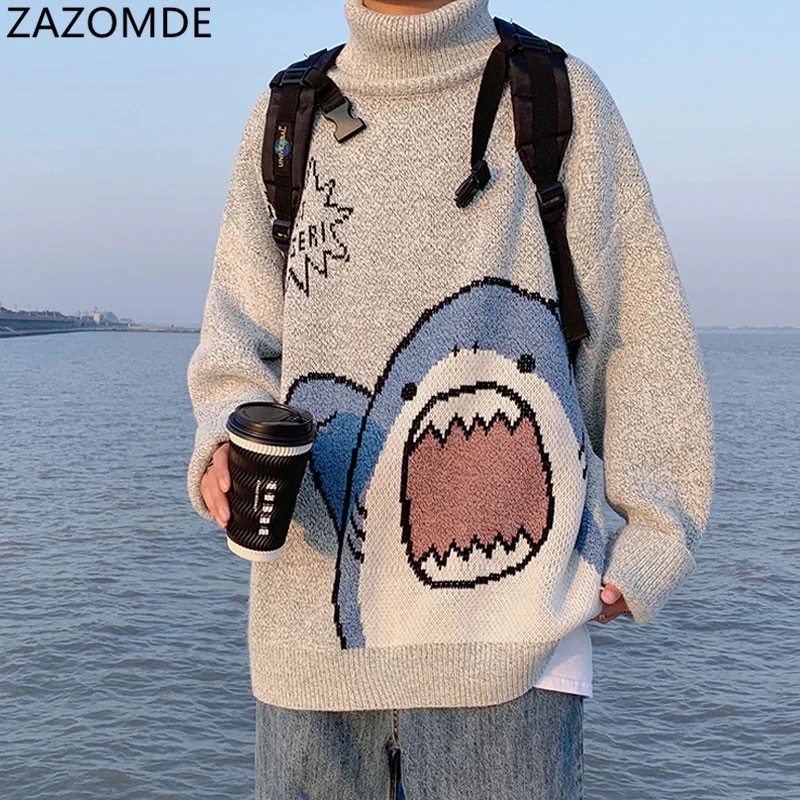 ZAZOMDE Men Turtlenecks Shark Sweater Men 2023 Winter Patchwor Harajuku  Korean Style High Neck Oversized Grey Turtleneck For Men - AliExpress