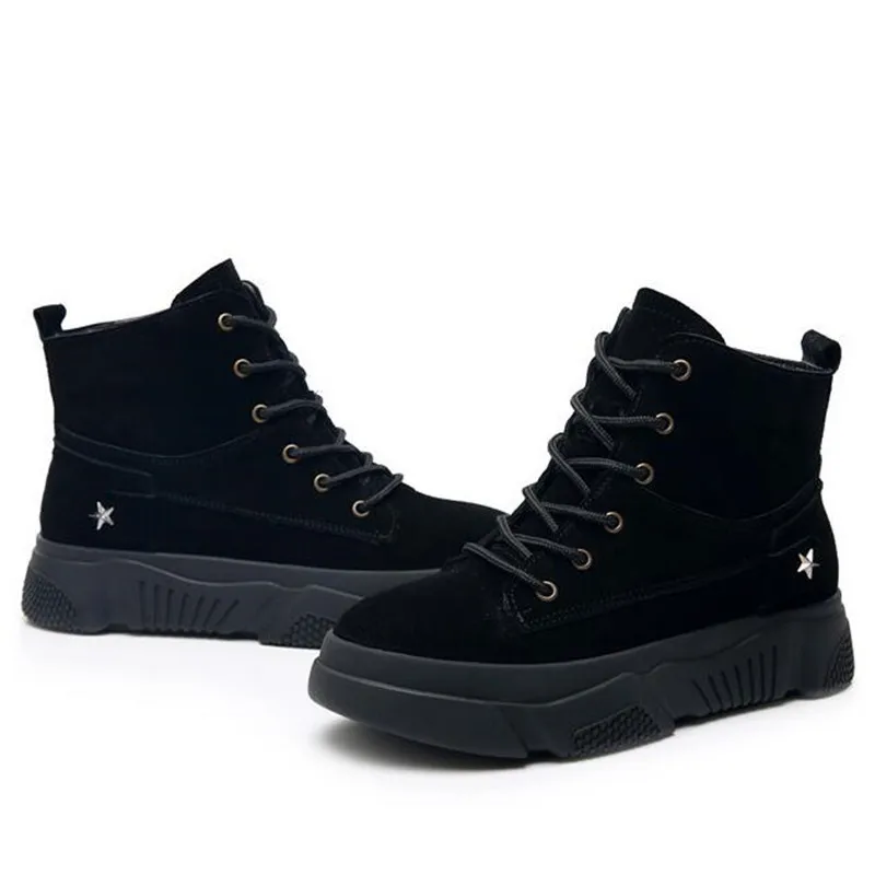 black winter boots Новинка; ботинки с перекрестными ремешками; сезон осень-зима; женская обувь; повседневные кроссовки; ботинки из матовой натуральной кожи на толстой подошве; женские ботильоны - Цвет: black winter boots