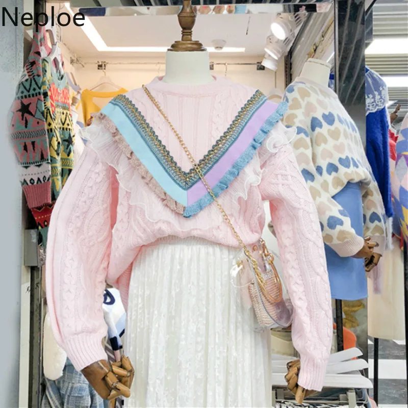 Neploe, Национальный стиль, с деревянными ушками, в стиле пэчворк, кружевной пуловер, свитер с круглым вырезом, с длинным рукавом, вязанный, для женщин, свободный, осенний, зимний, нижний топ